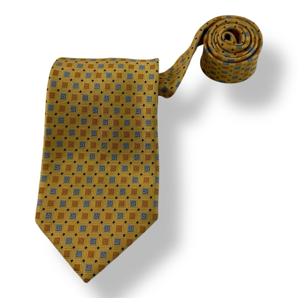 Brooks Brothers Silk Tie Yellow Blue Square Design 3.5"x61" Made in USA